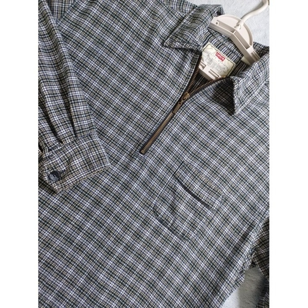 Levis Pullover Shirt Mens Size M Blue Plaid Quarter Zip Cotton Long Sleeve Cabin